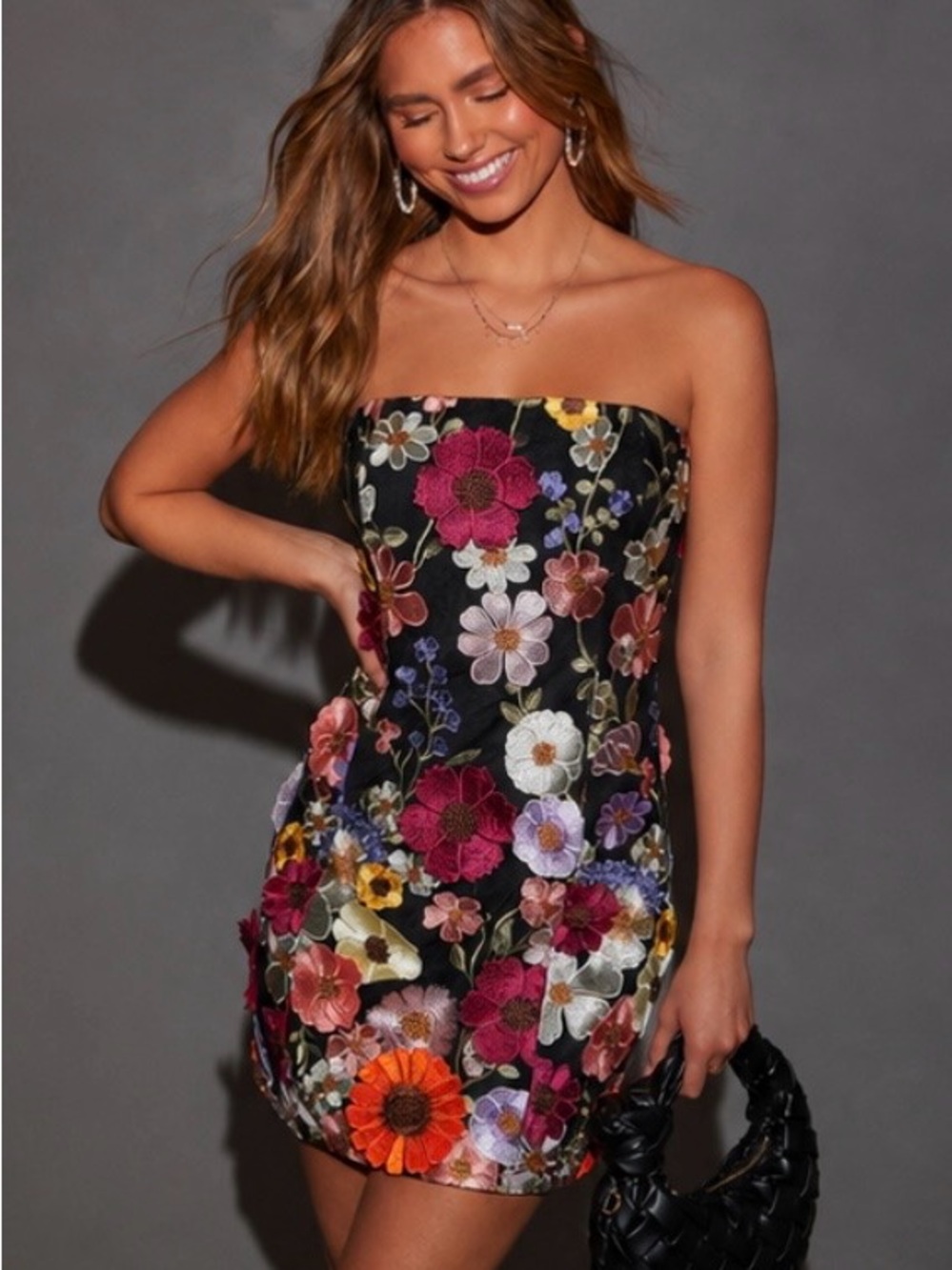 Endless Rose Black Mini Dress with Multicolor Floral Embroidery